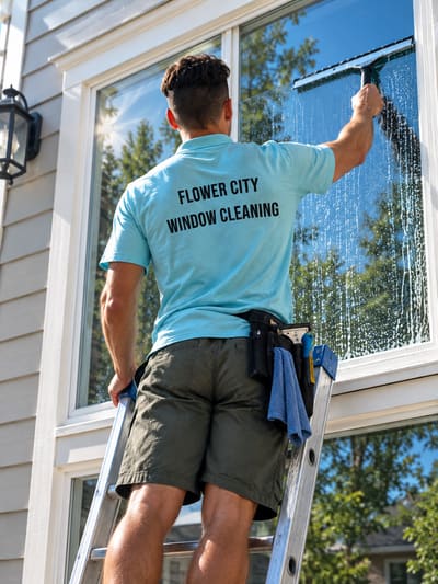 The owner of Flower City Window Cleaning at work